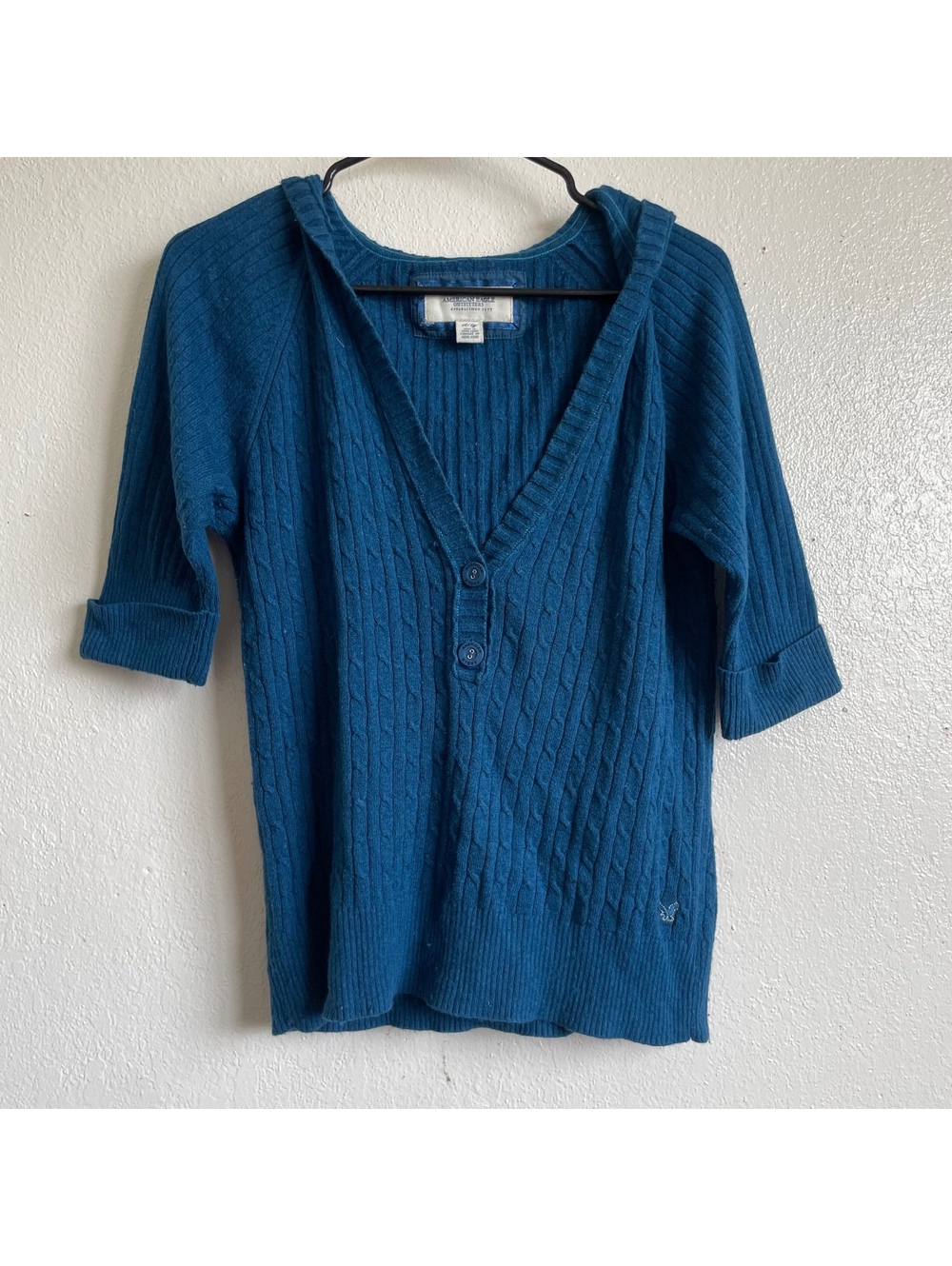 American Eagle y2k 1/4 sleeve Blue Cable Knit Hooded Sweater XL Bella Swan